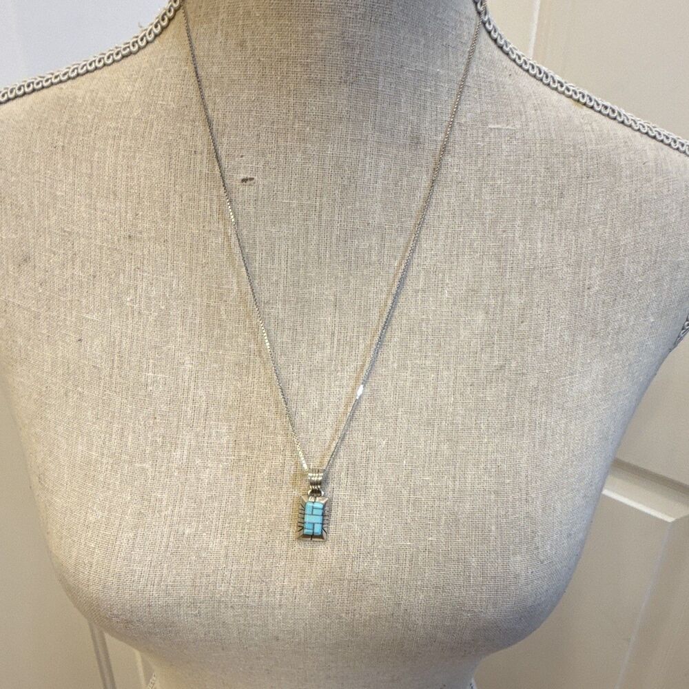 925 Sterling Silver Turquoise Inlay Rectangle Bezel Pendant Box Chain 18 in